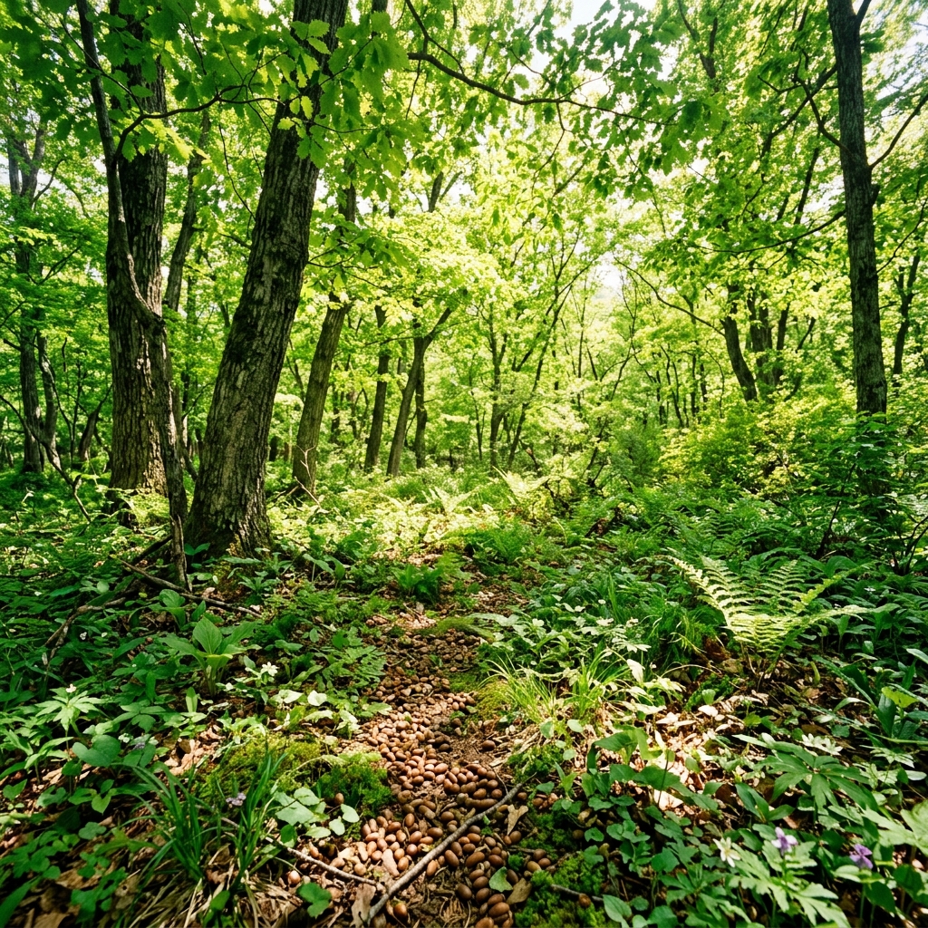 Rich oak forest ecosystem with acorns and undergrowth